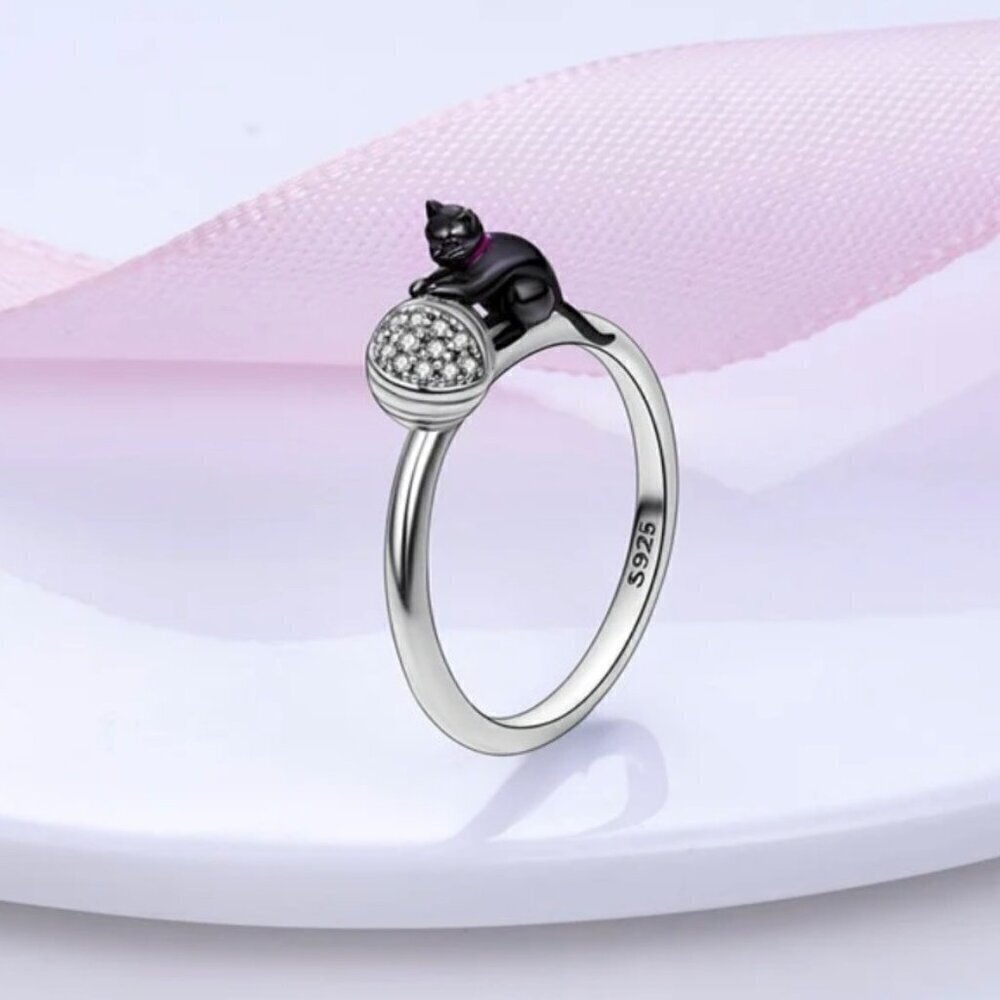 NWT Black Cat With Yarn Ring S925 Sterling Silver Stamped Sz.8 - Picture 9 of 10